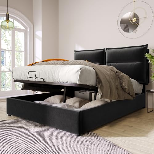 Crlnaup Hydraulisch Doppelbett Polsterbett 140x200cm,Verstellbares Kopfteil, Bett mit Lattenrost aus Metallrahmen, Samt, Modernes Bettgestell mit Stauraum, Großer Stauraum, Schwarz (Ohne Matratze) von Crlnaup