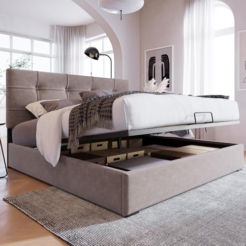 Crlnaup Hydraulisch Doppelbett Polsterbett 140x200cm,Verstellbares Kopfteil, Bett mit Lattenrost aus Metallrahmen, Samt, Modernes Bettgestell mit Stauraum, Hellgrau von Crlnaup