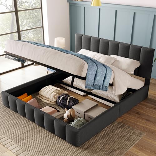 Crlnaup Hydraulisch Doppelbett Polsterbett 140x200cm,Verstellbares Kopfteil,Bett mit Lattenrost aus Metallrahmen, Leinenmaterial,Modernes Bettgestell mit Stauraum,Großer Stauraum, Grau(Ohne Matratze) von Crlnaup