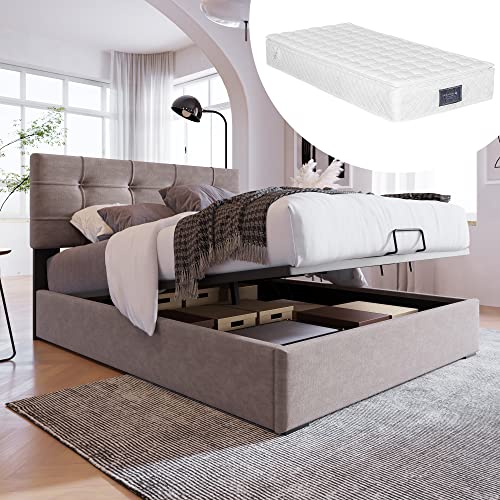 Crlnaup Hydraulisch Einzelbett Polsterbett 90x200cm,Verstellbares Kopfteil, Bett mit Lattenrost aus Metallrahmen, Samt, Modernes Bettgestell mit Stauraum, Hellgrau(Inklusive Matratze) von Crlnaup