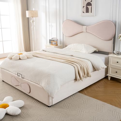 Crlnaup Hydraulisch Polsterbett, Doppelbett, Verstellbares Kopfteil, Fliege gepolstertes Kopfteil, Bett mit Lattenrost aus Metallrahmen, Modernes Bettgestell mit Stauraum, Samt, Beige+Rosa, 140x200cm von Crlnaup
