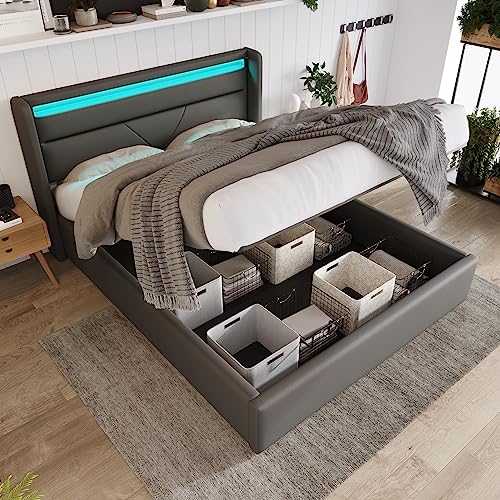 Crlnaup Hydraulisch Stauraumbett mit LED-Beleuchtungsleiste, Doppelbett Bettgestell Polsterbett 140x200cm, Funktionsbett, Grau (Mit Fernbedienung) von Crlnaup