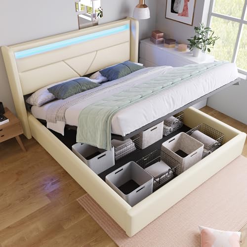 Crlnaup Hydraulisch Stauraumbett mit LED-Beleuchtungsleiste, Doppelbett Bettgestell Polsterbett 140x200cm, Funktionsbett, Weiß (Mit Fernbedienung) von Crlnaup