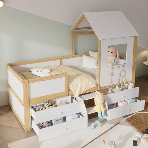 Crlnaup Kinderbett, halbhohes Bett, Hausbett mit Dach und Fenster, Vierseitiger Zaun, mit 4 Schubladen und kleine Treppe, Kiefer+MDF+Sperrholz, Weiß+Natur, 90x200cm Crlnaup Kinderbett, halbhohes Bett, Hausbett mit Dach und Fenster, Vierseitiger Zaun, mit 4 Schubladen und kleine Treppe, Kiefer+MDF+Sperrholz, Weiß+Natur, 90x200cm von Crlnaup