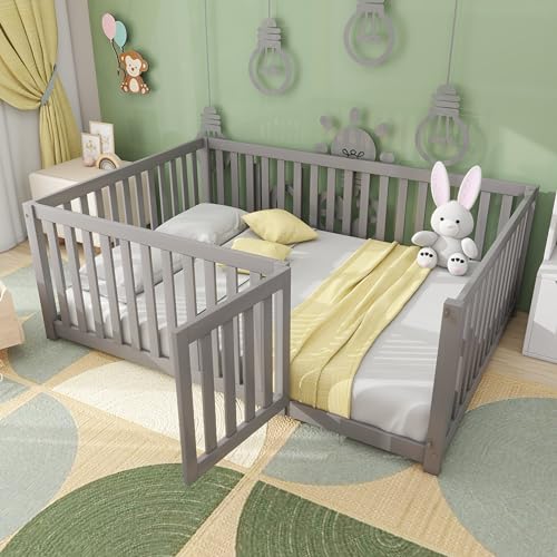 Crlnaup Kinderbett 140 x 200, Holzboden Bettrahmen mit Zaun und Tür, Grau von Crlnaup