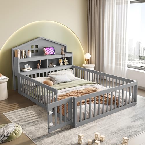 Crlnaup Kinderbett 140 x 200, Massivholz-Kinderbettrahmen, Hausleiste, mit Einlegeböden und Stauraum, mit Schutzgitter und Tür, mit Bilderleiste, mit Lattenrost, Grau von Crlnaup