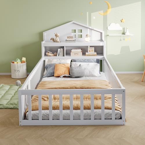 Crlnaup Kinderbett 90 x 200, Massivholz-Kinderbettrahmen, Hausleiste, mit Einlegeböden und Stauraum, mit Schutzgitter und Tür, mit Bilderleiste, mit Lattenrost, Weiß von Crlnaup