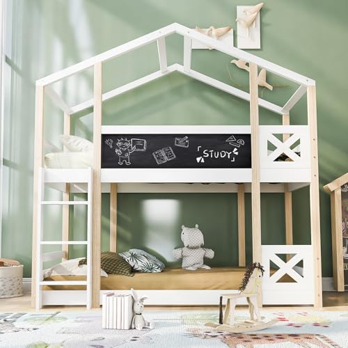 Crlnaup Kinderbett Baumhaus mit Leiter 90 x 200 cm, Hochbett für Kinder– 2X Lattenrost- Natur & Weiß von Crlnaup