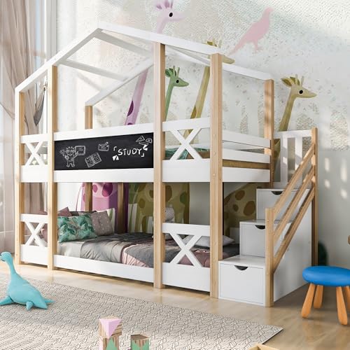 Crlnaup Kinderbett Baumhaus mit Speicherung und Rausfallschutz 90 x 200 cm, Hochbett für Kinder– 2X Lattenrost- Natur & Weiß von Crlnaup
