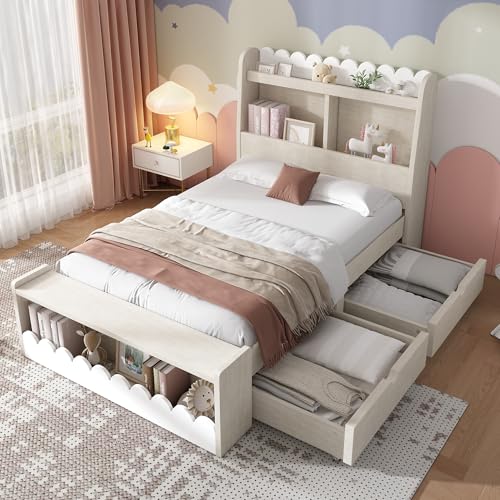Crlnaup Kinderbett Einzelbett Stauraumbett mit Schubladen, Regal und Sitzbank mit Stauraum, Holzbett 90x200 cm, Bettgestell und Lattenrost aus Holz, Weiß mit Eichefarben (Ohne Matratze) von Crlnaup