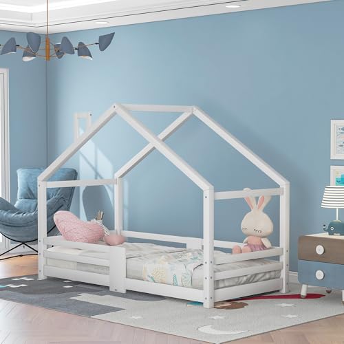 Crlnaup Kinderbett Hausbett mit Schornstein Rausfallschutz Robuste Lattenroste,Kiefernholz Haus Bett for Kids 90 x 200 cm ohne Matratze Weiß von Crlnaup