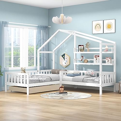 Crlnaup Kinderbett Hausbett mit Schubladen und Regalen, Massivholz mit Zaun und Lattenrost, L-Struktur, Weiß (90x200 cm+140x70cm) von Crlnaup