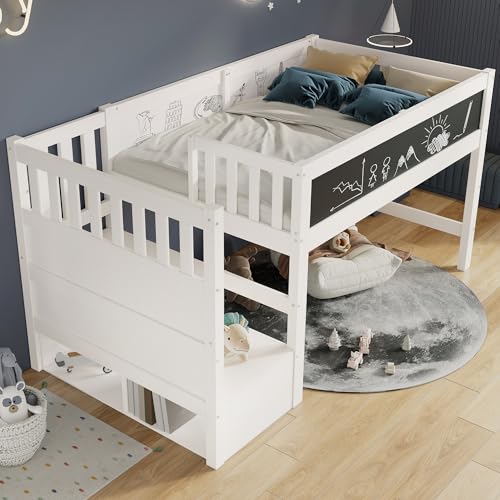Crlnaup Kinderbett Hochbett mit Whiteboard&Tafel,Speicherung und Rausfallschutz 90 x 200 cm, Weiss Hochbett für Kinder– Lattenrost- Weiß(Ohne Matratze) von Crlnaup