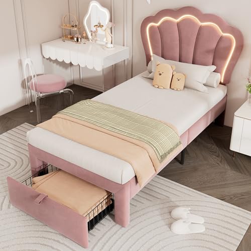 Crlnaup Kinderbett LED Einzelbett 90 x 190 cm mit Schubladen Polsterbett APP-Control LED Bettgestell Lattenrost und Verstellbares Kopfteil, Bettrahmen Jugendbett Samt Rosa von Crlnaup