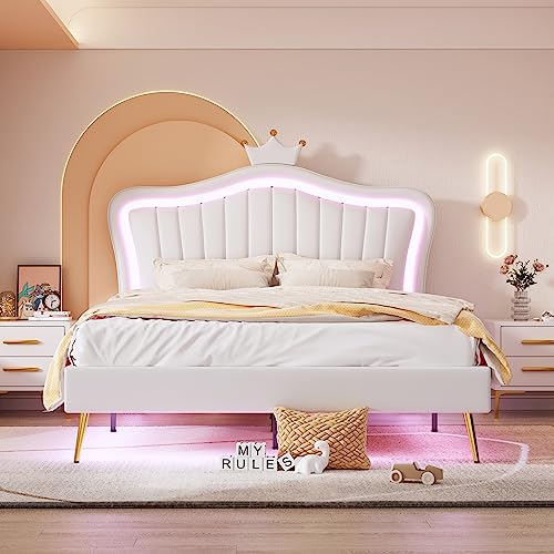 Crlnaup Kinderbett Polsterbett 140 x 200 cm, Bettgestell für Mädchen, weißes Kronen-Doppelbettgestell aus PU-Leder mit LED-Leuchten, Lattenrost und Rückenlehne(Matratze Nicht enthaltet) von Crlnaup