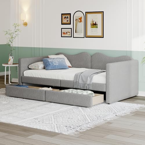 Crlnaup Kinderbett Polsterbett 90 * 200 cm, Sofabett mit 2 Schubladen, Bettrahmen Teddybärstoff, Multifunktionsweichbett mit Rückenlehne und Armlehnen, Jugendbett Gästebett Grau von Crlnaup