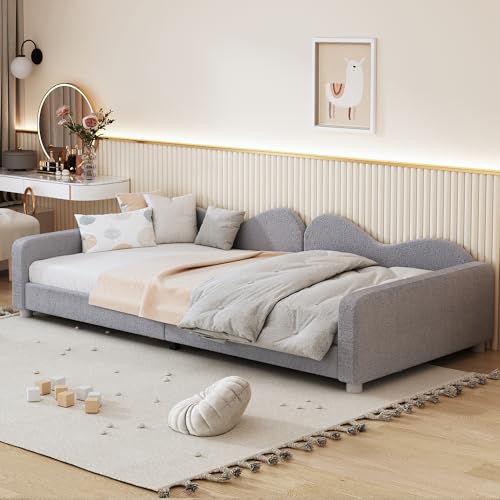 Crlnaup Kinderbett Polsterbett 90 * 200cm, Schlafsofa Bettgestell Teddystoff Multifunktionales weiches Bett mit Rückenlehne und Armlehnen Jugendbett Gästebett Grau von Crlnaup