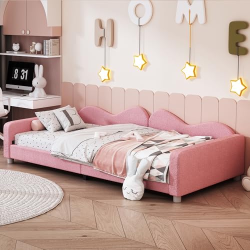 Crlnaup Kinderbett Polsterbett 90 * 200cm, Schlafsofa Bettgestell Teddystoff Multifunktionales weiches Bett mit Rückenlehne und Armlehnen Jugendbett Gästebett rosa von Crlnaup