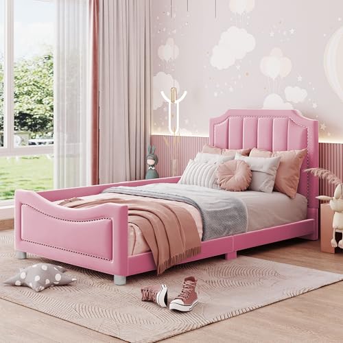 Crlnaup Kinderbett Polsterbett 90 * 200cm Schlafsofa Bettgestell Flanell Multifunktionsweichbett mit Rückenlehne Armlehne Eltern-Kind-Bett Jugendbett Gästebett Rosa von Crlnaup