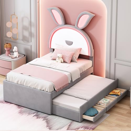 Crlnaup Kinderbett Polsterbett 90 x 200 cm,Samtstoff Multifunktionales gepolstertes Einzelbett-Schlafsofa mit ausziehbarem Bett, Stauraumschublade und farbwechselndem LED-Licht,Grau von Crlnaup