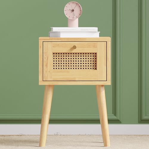 Crlnaup Klassischer Nachttisch mit EIN Schubladen, mit Rattan-Schubladenplatte, mit goldfarbenem Metallgriff und Lange Holzbeine, Stauraum im Wohnzimmer und Schlafzimmer, Spanplatten+PE-Rattan, Natur Crlnaup Klassischer Nachttisch mit EIN Schubladen, mit Rattan-Schubladenplatte, mit goldfarbenem Metallgriff und Lange Holzbeine, Stauraum im Wohnzimmer und Schlafzimmer, Spanplatten+PE-Rattan, Natur von Crlnaup