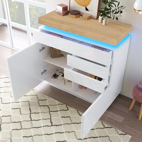 Crlnaup Kommode, Hochglanz Sideboard mit 2 Türen und 3 Schubladen, LED Beleuchtung (App Control), Mehrzweckschrank für Wohnzimmer und Schlafzimmer, 115 x 110 x 39 cm, Weiß von Crlnaup