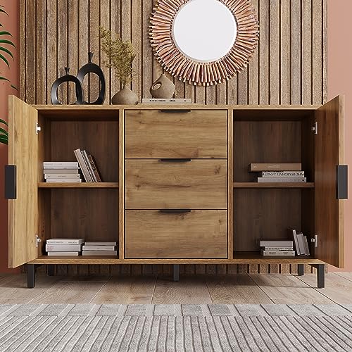 Kommode mit 2 Türen und 3 Schubladen, 120 x 40 x 76 cm in Dunkle Eiche, Verstellbare Ablage, Sideboard Highboard für Schlafzimmer & alle Wohnräume von Crlnaup