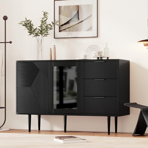 Crlnaup Kommode mit 3 Schubladen und 2 Türen, mit Metalfüßen und Glastüren, Schwarz, Maße: 120 x 38 x 79.5 cm von Crlnaup