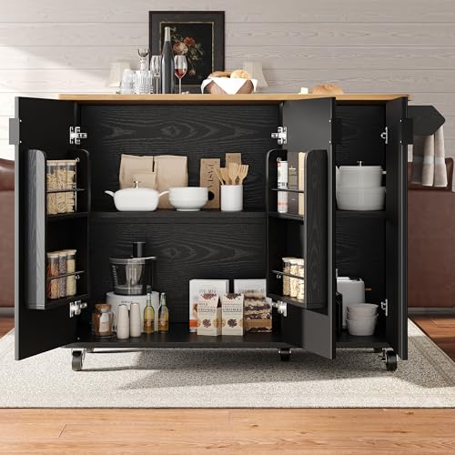 Crlnaup Kücheninsel, Speisewagen mit Holzmaserung, Buffet, 130x45(75) x92cm, Ausziehbarer Küchenwagen auf Rädern mit Handtuchhalter, Gewürzregal, Trennwände verstellbar, 3 Türen, weiß/schwarz von Crlnaup