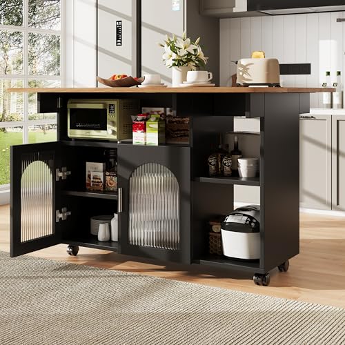 Crlnaup Kücheninsel,Modernes Küchensiland, Küchenschrank, Abnehmbare Servierwagen buffetschrank, Speisewagen mit Holzmaserung, buffetschrank, Multifunktionale Esstisch mit Speicherraum, Schwarz von Crlnaup