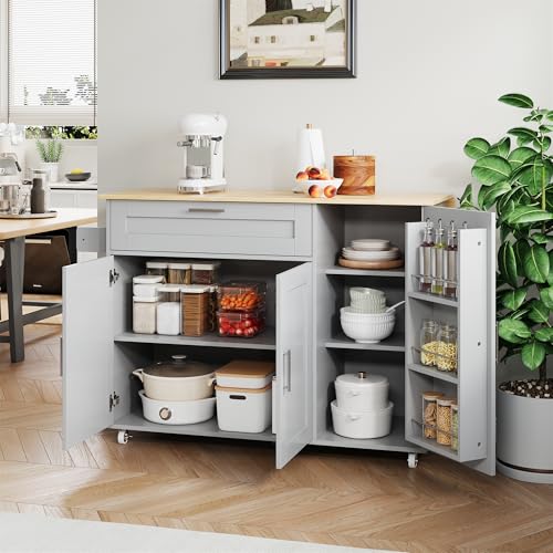Crlnaup L132.5*B44(70)*H90cm großer mobiler Küchentisch, Arbeitsplatte klappbar, Eiche Maserung, multifunktionaler Schrank, Gewürzregal, Handtuchhalter, 5 Rollen, geeignet für Küche/Essen/Haus von Crlnaup