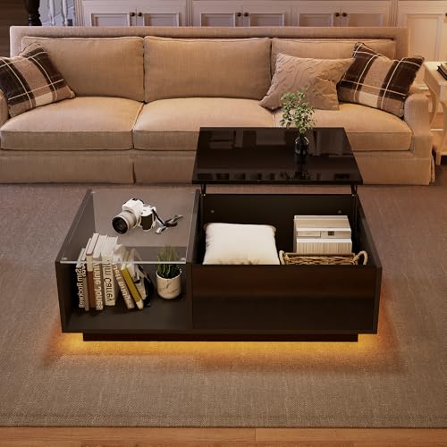 Crlnaup LED Couchtisch,Hochglanz Couchtisch, Wohnzimmertischmit, Höhenverstellbarer Kaffeetisch mit Verstecktem Stauraum und Ablage, 50 x 100 x (33-46.5) cm von Crlnaup