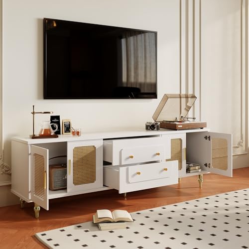 Crlnaup Lowboard, TV-Möbel im Retro-Stil: goldene Griffe, viel Stauraum. Mit Rattantür und Metallbeinen von Crlnaup