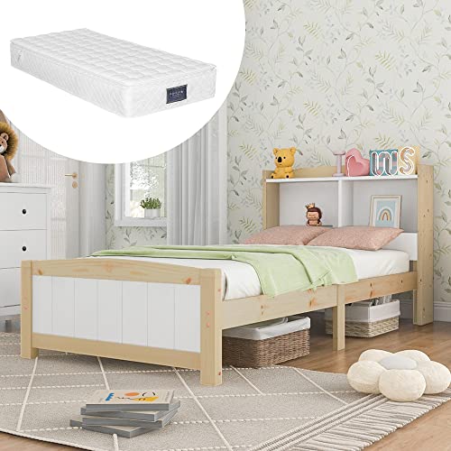 Crlnaup Massivholz Einzelbett Stauraum-Kopfteil Bett,90 x 200 cm Bettgestell mit Lattenrost Holzbett mit Kopfteil,Kinderbett Jugendbett Kiefer massiv Natürlich und Weiß (Mit Matratze) von Crlnaup