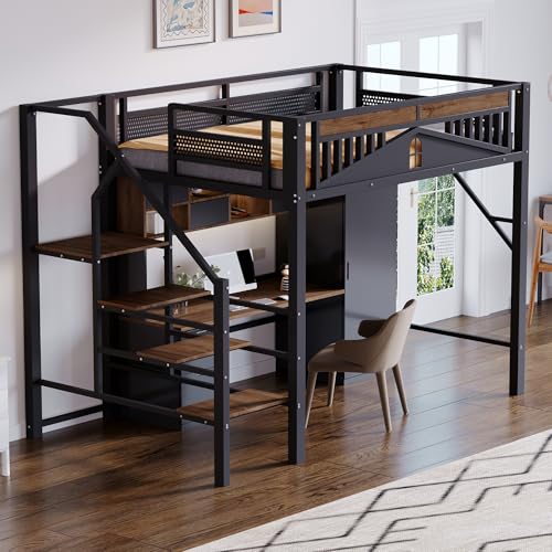 Crlnaup Metall-Hochbett 140 x 200 cm, Einzigartige Gehäuseform mit Fensterdesign, Mit Sicherheitsleiter, Viel Stauraum Unter Dem Bett, Schwarz von Crlnaup