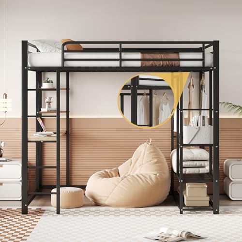 Crlnaup Metall-Hochbett mit Leiter 140 * 200 cm, Juniorbett Doppelbett mit Tisch mit einfachen Kleiderbügeln mit Ablagefächern, Schwarz von Crlnaup