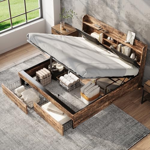 Crlnaup Metallbett, 160 x 200 cm, Hydraulikbett,Jugendbetten, Doppelbett, mit Stauraum-Kopfteil und Metall Lattenrost, Ohne Matratze, Für Erwachsene, Kinder, Jugendliche,Holzfarbe+Schwarz von Crlnaup