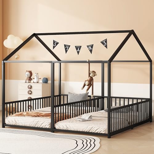 Crlnaup Metallbett, Kinderbett, 90 * 200cm, Ohne Matratze, Geländer, Leiter, Hausmodellierung, Doppelbett Design, Doppelbett, Eisenrahmen, Schwarz von Crlnaup