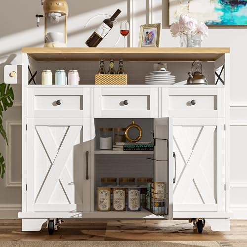Crlnaup Moderne Kücheninsel (118×43×98cm) Küchenschrank Essschrank mit Holzmaserung Esswagen auf Rollen mit multifunktionalem Stauraum, herausnehmbaren Trennwänden, mit Handtuchhalter, weiß von Crlnaup