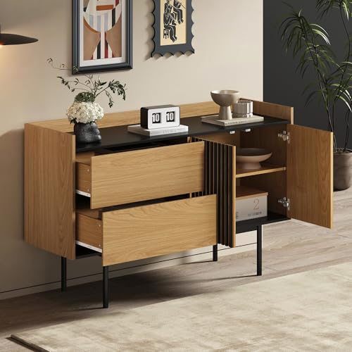 Crlnaup Moderne Minimalistische Sideboard mit 2 Schubladen und verstellbarem Regal, ideal für Wohnzimmer und Esszimmer (Naturholz+Schwarz) von Crlnaup