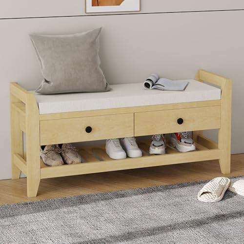 Crlnaup Moderne Schuhbank mit Sitzfläche und Stauraum, Soft Kissen-Oberfläche, Schuhregal für Eingangsbereich, Natur von Crlnaup