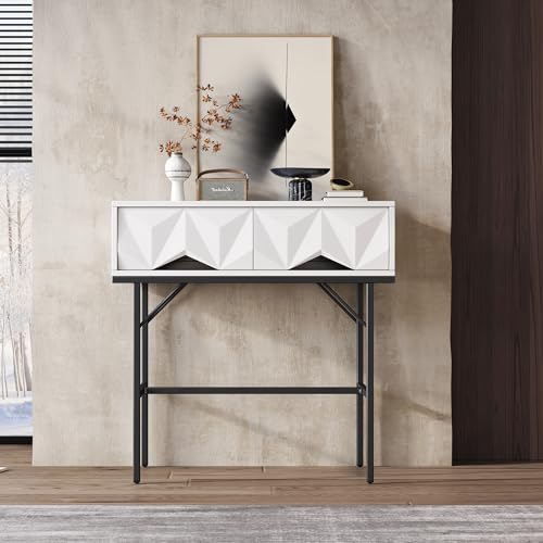 Crlnaup Moderner, eleganter Konsolentisch, geometrisches, dreidimensionales Schubladen-Hohldesign, für Eingang und Wohnzimmer (Weiß + Schwarz Beine) von Crlnaup