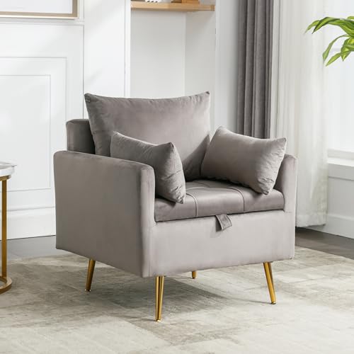 Crlnaup Moderner, minimalistischer Samtstuhl, Sessel, Ottomane mit Stauraum, Dekokissen und Armlehnen-Loungesessel mit goldenen Metallbeinen von Crlnaup