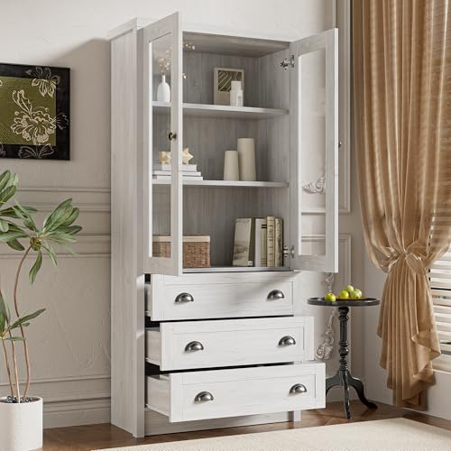 Crlnaup Moderner Highboard Schrank 80x34x171 cm – Holzoptik mit Glastüren, 3 Schubladen & Kupfergriffen – Stilvoller Stauraum für Wohnzimmer, Büro & Flur von Crlnaup