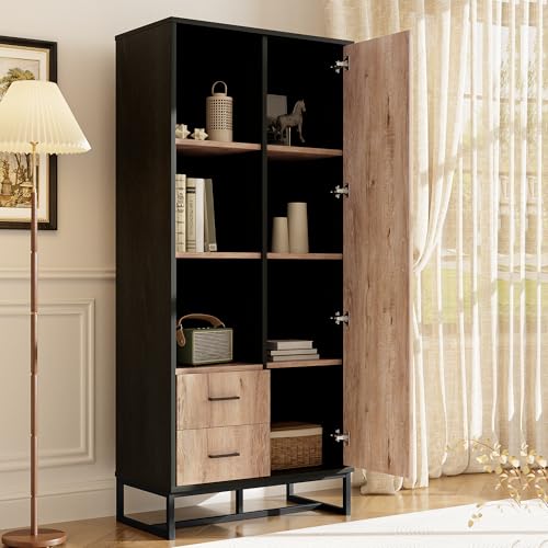 Crlnaup Moderner Highboard Schrank 80x40x180 cm – Holzoptik mit schwarzem Rahmen, mit Tür, 2 Schubladen & 3 offenen Fächern – Vielseitiger Stauraum für Wohnzimmer, Büro & Flur von Crlnaup