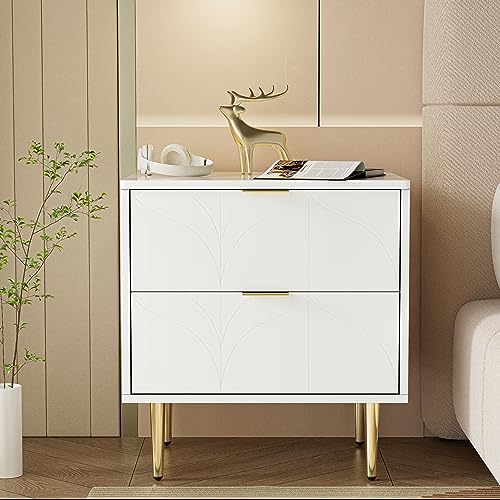 Crlnaup Moderner Nachttisch mit vergoldeten Füßen und Knöpfen, florales Muster, 2er-Set mit 2 Schubladen, lackiert, Ecken mit Anti-Bump-Design, 50B*40T*54H cm, weiß Crlnaup Moderner Nachttisch mit vergoldeten Füßen und Knöpfen, florales Muster, 2er-Set mit 2 Schubladen, lackiert, Ecken mit Anti-Bump-Design, 50B*40T*54H cm, weiß von Crlnaup