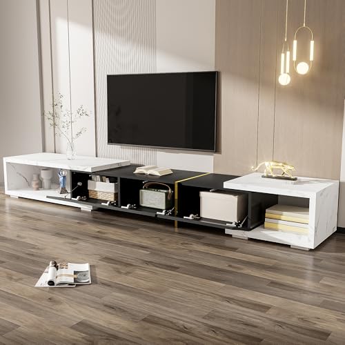 Crlnaup Moderner TV-Schrank mit Variabler Länge (140-260 cm), drehbarer Funktion, weißer Marmoroptik, schwarzem Hochglanz-Matt-Finish und goldenen Verzierungen von Crlnaup