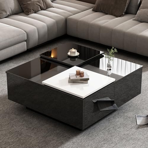 Crlnaup Moderner hochglänzender schwarzer quadratischer Couchtisch mit Einlegeböden 75 * 75 * 33,5cm, kleine verschiebbare Tischplatte in kontrastierendem Weiß, max. Belastbarkeit 30kg Crlnaup Moderner hochglänzender schwarzer quadratischer Couchtisch mit Einlegeböden 75 * 75 * 33,5cm, kleine verschiebbare Tischplatte in kontrastierendem Weiß, max. Belastbarkeit 30kg von Crlnaup
