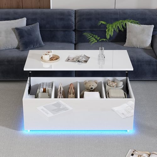 Crlnaup Moderner weißer Hochglanz-Couchtisch mit LED-Beleuchtung und verstecktem Stauraum - Beistelltisch mit hydraulischem Hub, 100 * 50 * 35 cm, 40 kg belastbar von Crlnaup