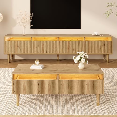 Crlnaup Modernes LED-Möbelset: TV-Schrank mit 4 Türen & Couchtisch mit 2 Schubladen – Holzfarben-Gold Design, LED-Beleuchtung, Wellenstruktur & Acrylfront für stilvolles Wohnen von Crlnaup